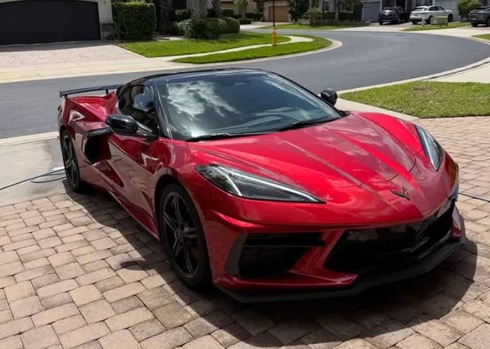Red Chevrolet Corvette C8 after exterior detail
